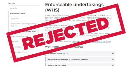 Screenshot of the Enforceable Undertakings webpage with the word 'rejected' in a red box overlayed.