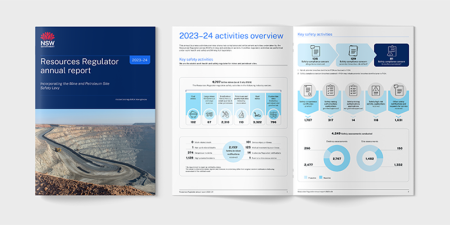 Front cover and spread of the Resources Regulator annual report 2023-24