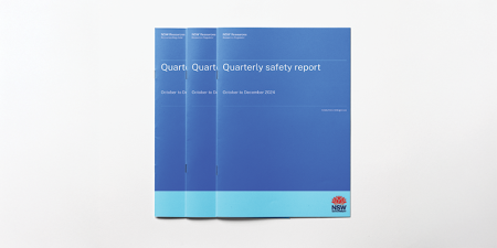 Three copies of the Quarterly safety report - October to December 2024 in a cascading stack