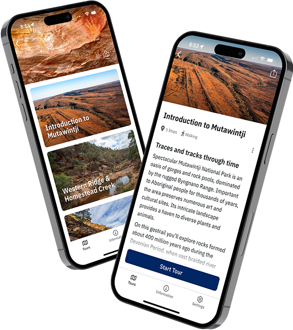 Two floating phones featuring the Mutawintji National Park Geotrail on both screens.