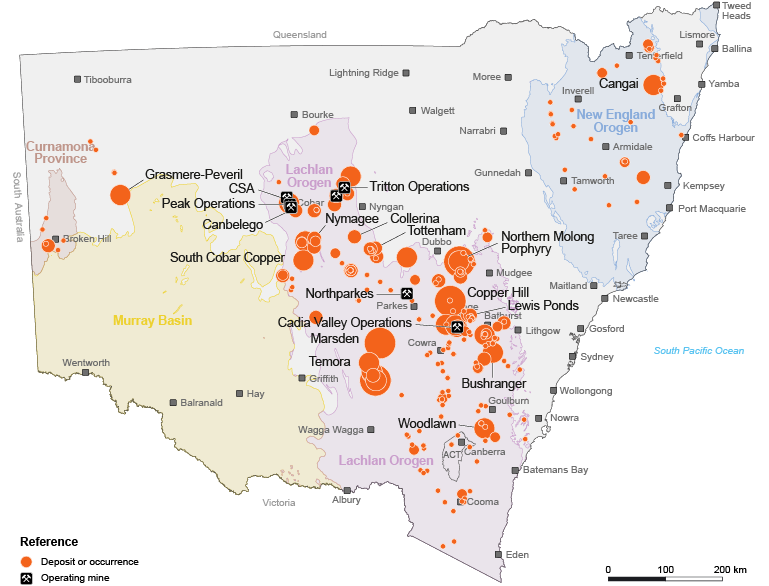 Map of New South Wales showing copper deposits, occurrences and operating mines in relation to geological provinces.