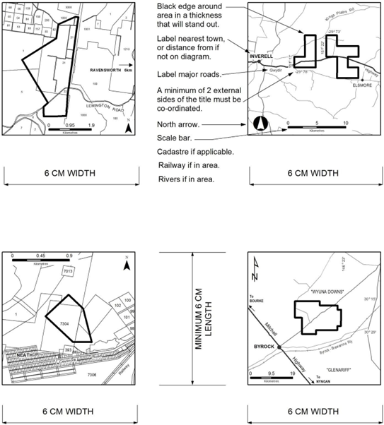 Four small maps to assist in prep of an advertisement diagram showing size and labels required.