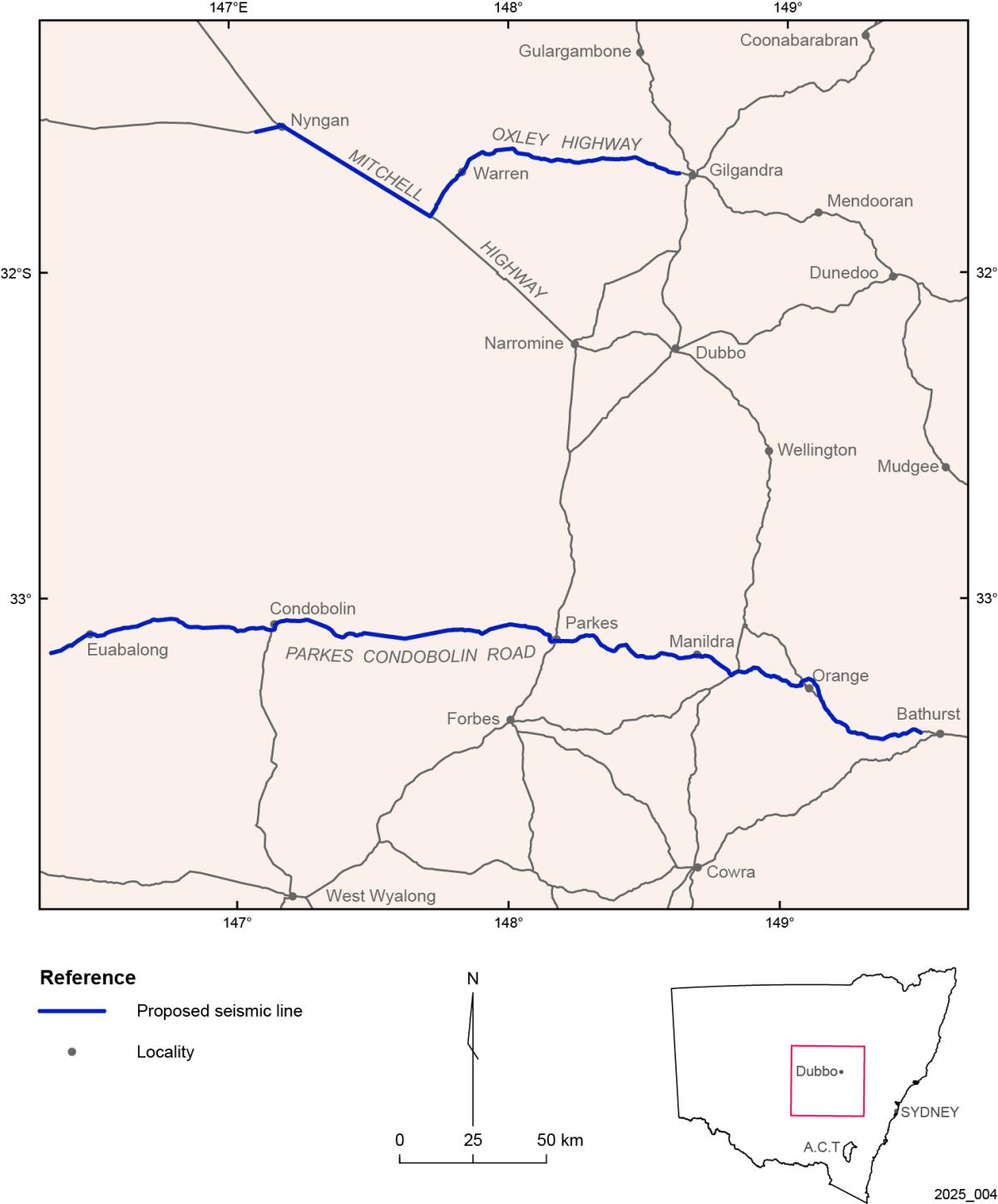 Map of the state showing seismic lines between Nyngan and Gilgandra and Euabalong and Bathurst.